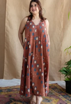Jaipur Jharoka Brick Red Ajrakh Cotton A Line Dress