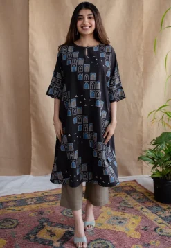Jaipur Jharoka Charcoal Ajrakh Cotton A Line Kurta with Hand Embroidery