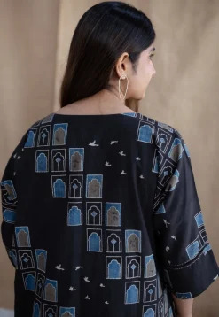 Jaipur Jharoka Charcoal Ajrakh Cotton A Line Kurta with Hand Embroidery