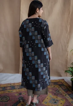 Jaipur Jharoka Charcoal Ajrakh Cotton A Line Kurta with Hand Embroidery