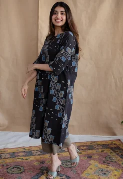 Jaipur Jharoka Charcoal Ajrakh Cotton A Line Kurta with Hand Embroidery