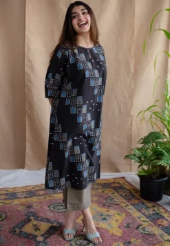 Jaipur Jharoka Charcoal Ajrakh Cotton A Line Kurta with Hand Embroidery