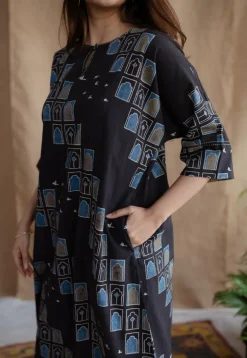 Jaipur Jharoka Charcoal Ajrakh Cotton A Line Kurta with Hand Embroidery