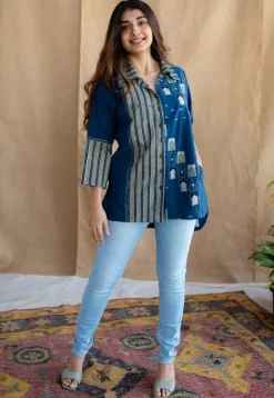 Jaipur Jharoka Indigo Ajrakh Cotton Loose Shirt with Hand Embroidery