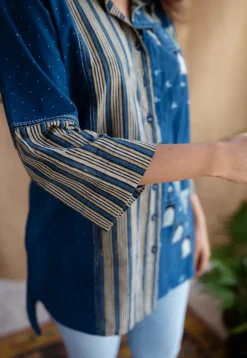 Jaipur Jharoka Indigo Ajrakh Cotton Loose Shirt with Hand Embroidery