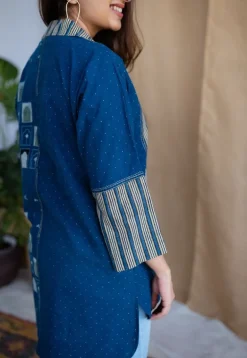 Jaipur Jharoka Indigo Ajrakh Cotton Loose Shirt with Hand Embroidery