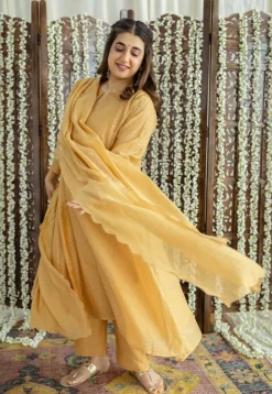 Jalsa Golden Chanderi Silk Jhabba Kali Kurta Set (Set of 3)