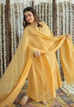 Jalsa Golden Chanderi Silk Jhabba Kali Kurta Set (Set of 3)