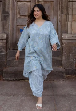 Jazmin Sky Blue Hand Block Print Slub Cotton Anti-Fit Kurta with Hand Embroidery