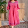 Jenifa Pink A Line Slub Cotton Dress with Embroidery