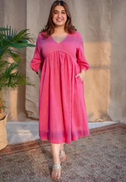 Jenifa Pink A Line Slub Cotton Dress with Embroidery
