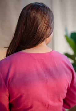 Jenifa Pink A Line Slub Cotton Dress with Embroidery