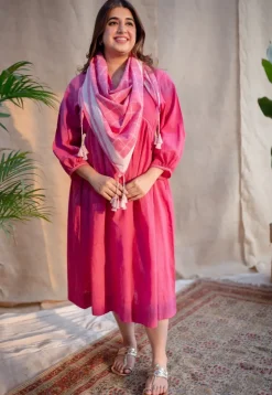 Jenifa Pink A Line Slub Cotton Dress with Embroidery