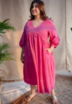 Jenifa Pink A Line Slub Cotton Dress with Embroidery