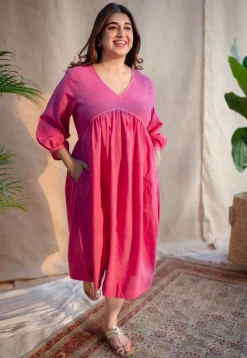 Jenifa Pink A Line Slub Cotton Dress with Embroidery