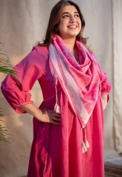 Jenifa Pink A Line Slub Cotton Dress with Embroidery