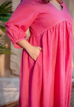 Jenifa Pink A Line Slub Cotton Dress with Embroidery