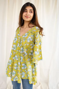 Jisha Sanganeri Yellow Cotton Short Top