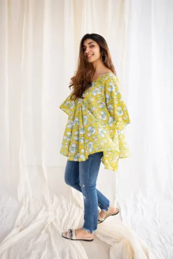 Jisha Sanganeri Yellow Cotton Short Top