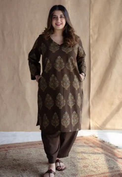 Juhi Brown Ajrakh Cotton Straight Kurta with Hand Embroidery