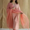 Jumana Coral Hand Block Print Slub Cotton Kali Kurta with Hand Embroidery