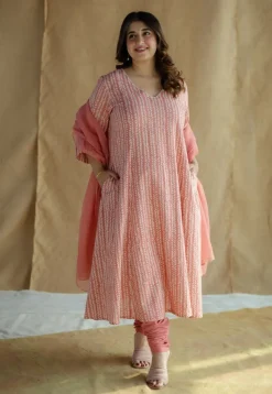 Jumana Coral Hand Block Print Slub Cotton Kali Kurta with Hand Embroidery