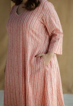 Jumana Coral Hand Block Print Slub Cotton Kali Kurta with Hand Embroidery