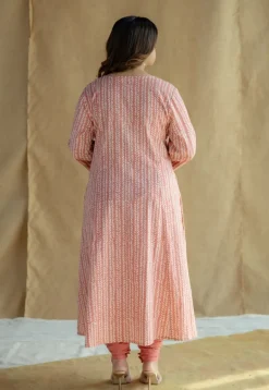 Jumana Coral Hand Block Print Slub Cotton Kali Kurta with Hand Embroidery