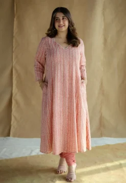 Jumana Coral Hand Block Print Slub Cotton Kali Kurta with Hand Embroidery