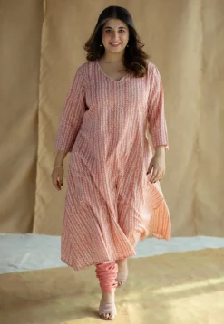 Jumana Coral Hand Block Print Slub Cotton Kali Kurta with Hand Embroidery