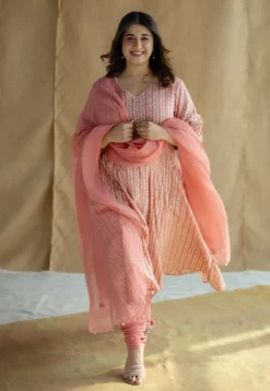 Jumana Coral Hand Block Print Slub Cotton Kali Kurta with Hand Embroidery