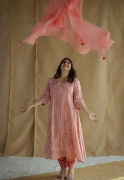 Jumana Coral Hand Block Print Slub Cotton Kali Kurta with Hand Embroidery