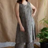 Kamal Grey Ajrakh Cotton A Line Kurta with Hand Embroidery