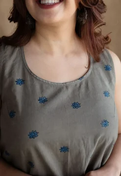 Kamal Grey Ajrakh Cotton A Line Kurta with Hand Embroidery