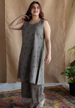 Kamal Grey Ajrakh Cotton A Line Kurta with Hand Embroidery