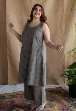 Kamal Grey Ajrakh Cotton A Line Kurta with Hand Embroidery