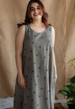 Kamal Grey Ajrakh Cotton A Line Kurta with Hand Embroidery