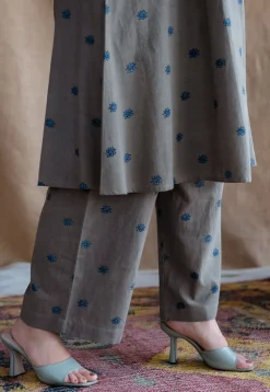 Kamal Grey Ajrakh Cotton A Line Kurta with Hand Embroidery