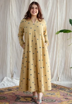 Kamal Yellow Ajrakh Cotton Kali Kurta with Hand Embroidery