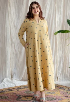 Kamal Yellow Ajrakh Cotton Kali Kurta with Hand Embroidery