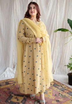 Kamal Yellow Ajrakh Cotton Kali Kurta with Hand Embroidery
