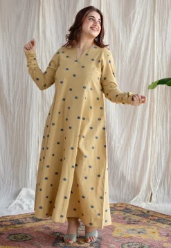 Kamal Yellow Ajrakh Cotton Kali Kurta with Hand Embroidery