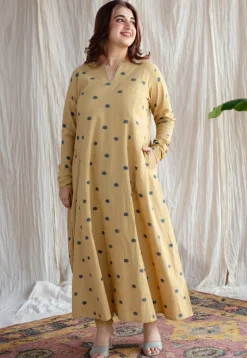 Kamal Yellow Ajrakh Cotton Kali Kurta with Hand Embroidery