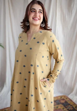 Kamal Yellow Ajrakh Cotton Kali Kurta with Hand Embroidery