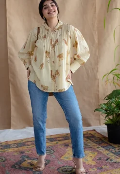 Kanha Bagh Ajrakh MulMul Light Yellow Cotton Top