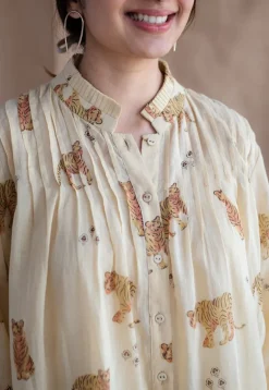Kanha Bagh Ajrakh MulMul Light Yellow Cotton Top