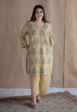 Kavya Yellow Ajrakh Cotton Straight Kurta with Hand Embroidery