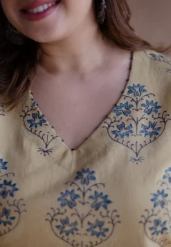 Kavya Yellow Ajrakh Cotton Straight Kurta with Hand Embroidery