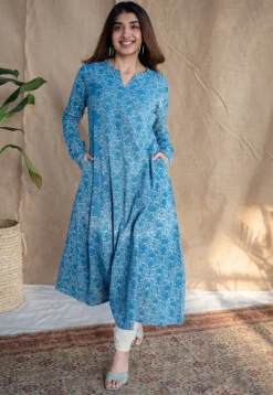 Kaya Blue Kali Dabu Slub Cotton Kurta with Hand Embroidery