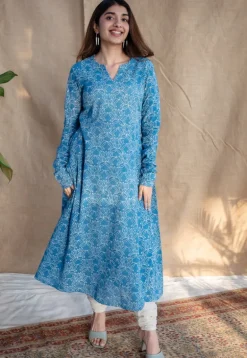 Kaya Blue Kali Dabu Slub Cotton Kurta with Hand Embroidery